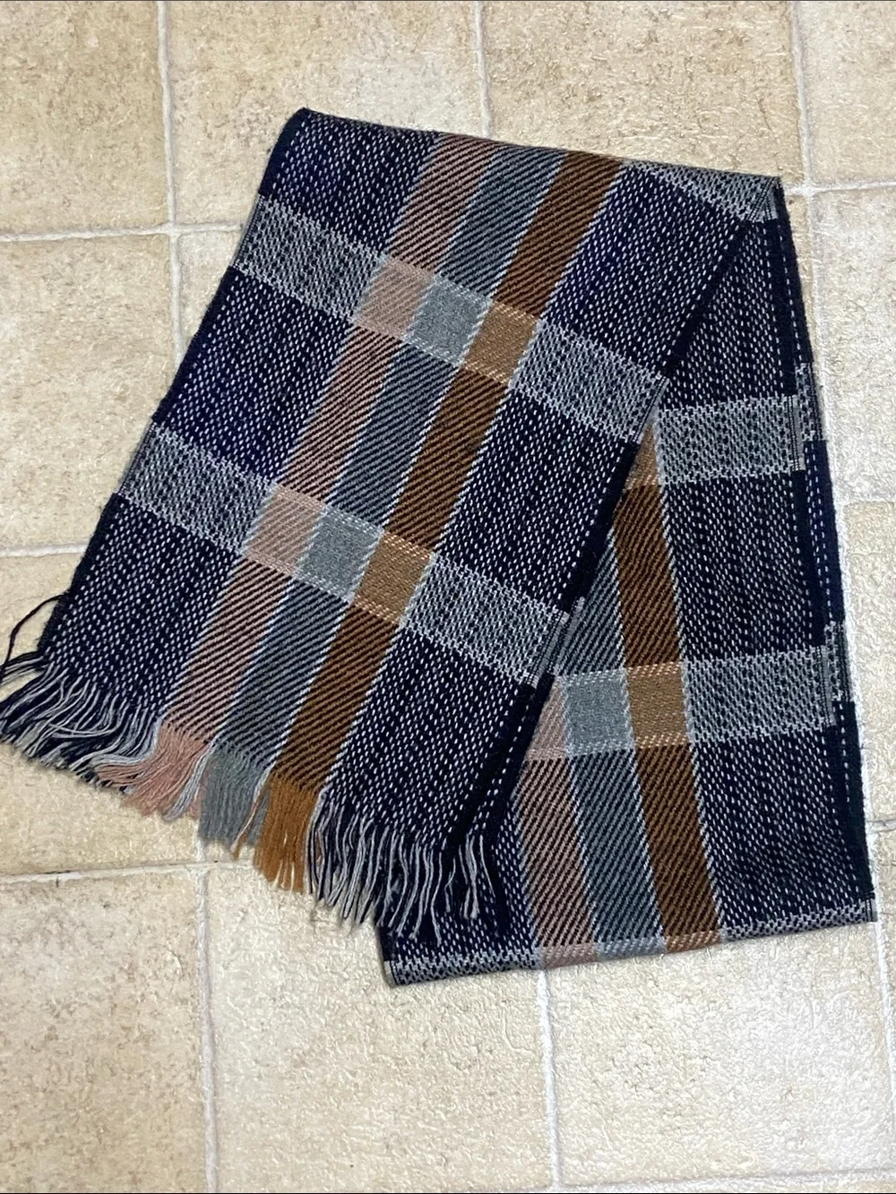 Classic Plaid Fringe Scarf in Navy, Gray, and Brown Unisex